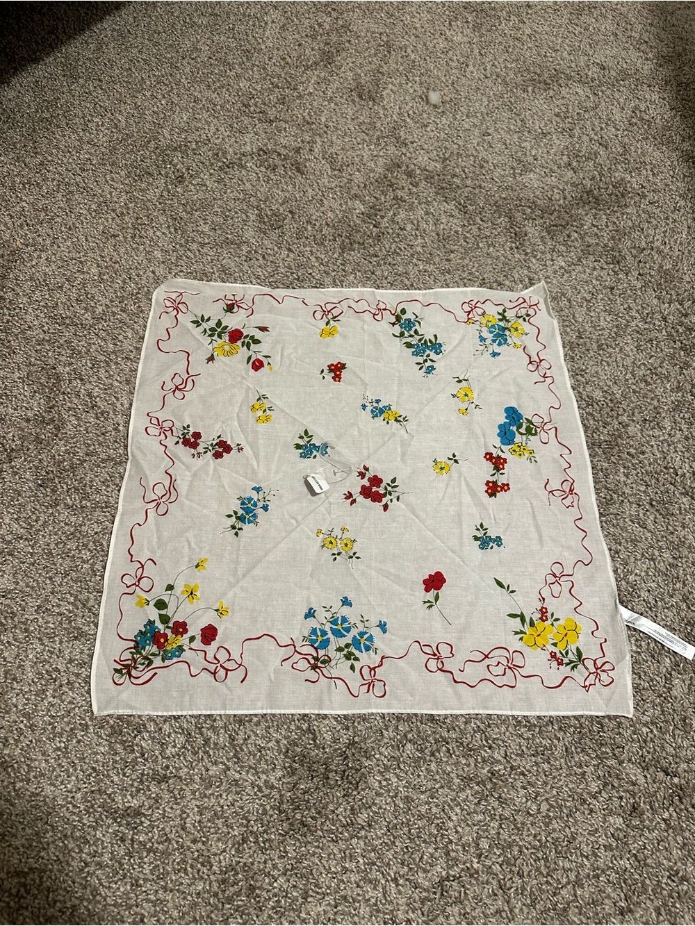 Vintage Floral Cotton Bandana Scarf - White with Red, Yellow & Blue Flowers